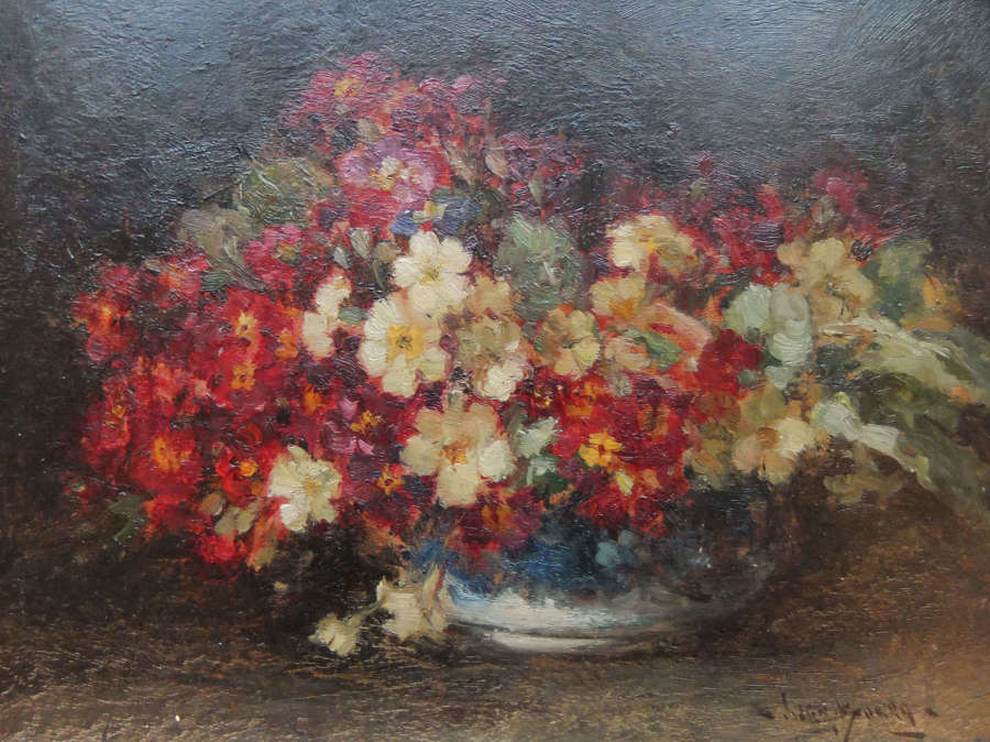 Owen Bowen "Still Life with Primulas" oil on panel