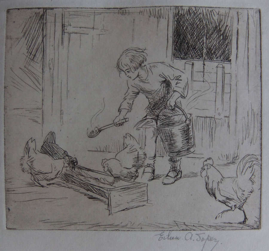 Eileen Soper "Feeding Chickens" etching