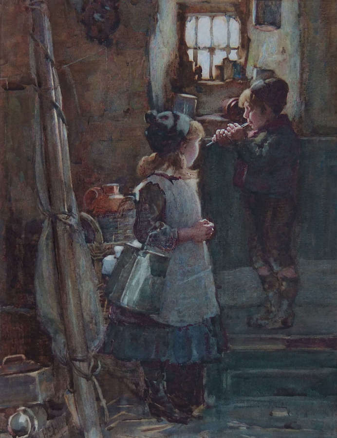 Henry Silkstone Hopwood "The Penny Whistle" watercolour