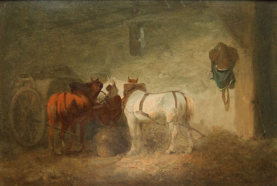 Julius Caesar Ibbetson "Horses in a Barn" oil on panel