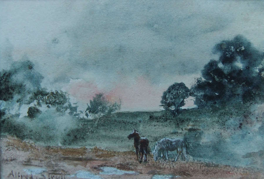Alfred William Strutt "Landscape with Ponies" watercolour