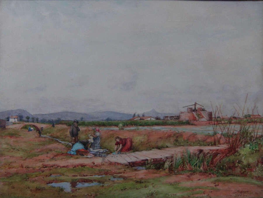 John Dobby Walker "Washerwomen, Denia, Spain" watercolour