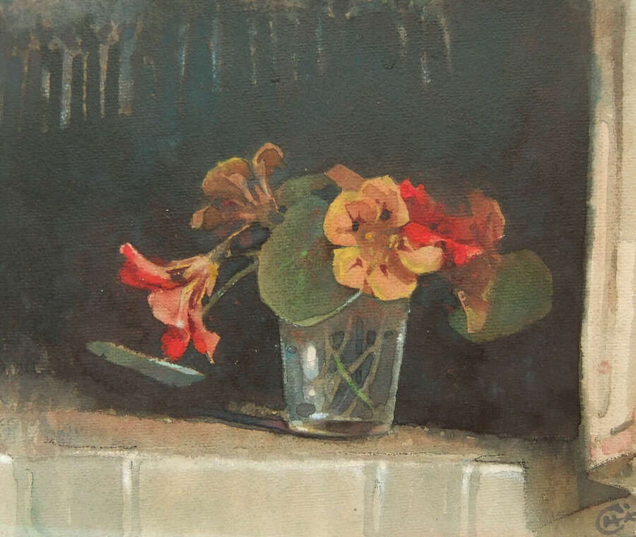 Cuthbert Crossley "Still life with Nasturtiums" watercolour