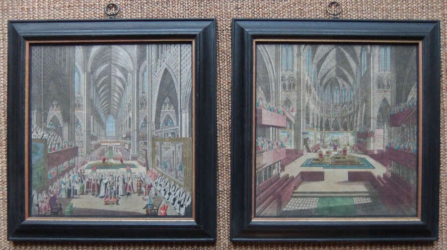 "Westminster Abbey, King James 2nd Coronation" pair old prints