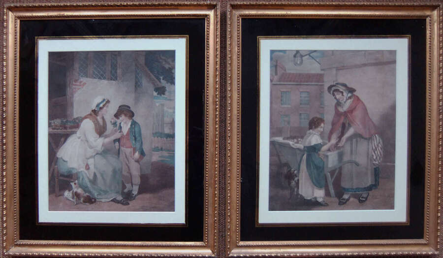 English School "The Button Hole" and "The Apple Stall" pair old prints